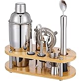 Cocktail Shaker Set Bartender Kit - 11 Pcs Bar Tool Set with Bamboo Stand & All Bar Accessories: Martini Shaker, Strainer,Jigger, Muddler, Mixer Spoon Barware Kit, for Bar, Home Lounge & Party