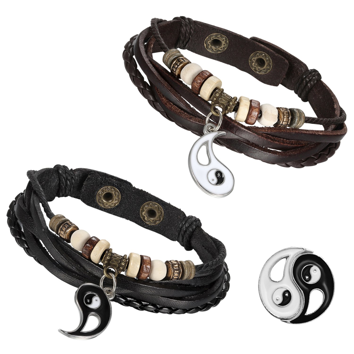 Flongo Men's Womens 2PCS Vintage Taichi Yin Yang Matching Beads Leather Strap Cuff Bracelet, 8.7 inch