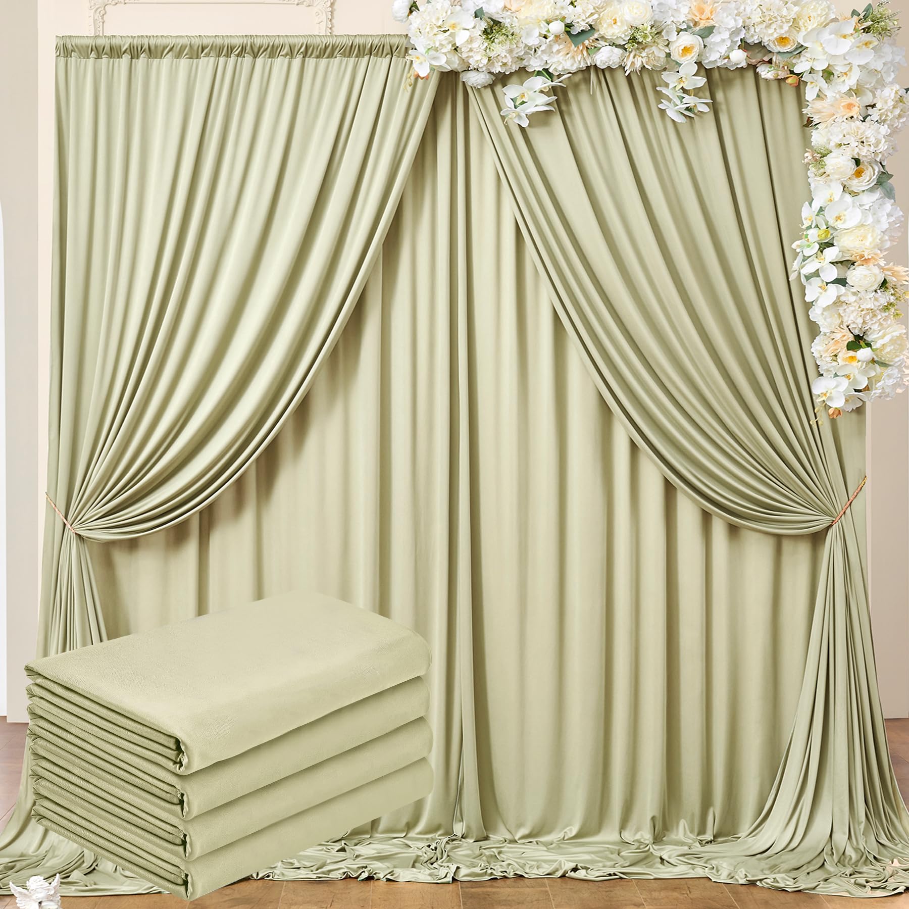 Photo 1 of 20 ft x 10 ft Wrinkle Free Sage Green Backdrop Curtain for Parties, Thick Green Polyester Photo Backdrop Drapes for Baby Shower Wedding Engagement Birthday Party Backdrop Stand,5ft x 10ft 4 Panels