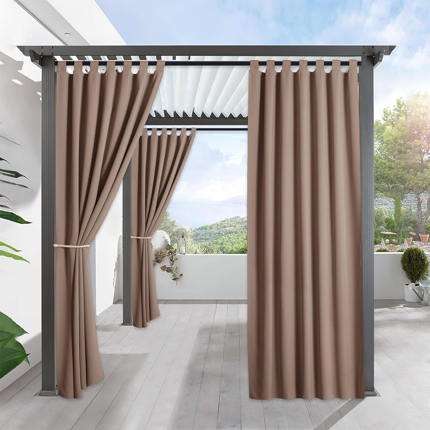 Outdoor Curtains - RYB HOME Extra Long Outdoor Curtains Waterproof Blackout Exterior Shades Thermal Insulated Drapes for Gazebo Garden Balcony Arbor, 1 Piece, Width 52 by Length 120 inch, Mocha