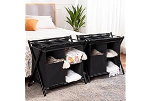 Heybly Luggage Rack with Laundry Bag,Pack of 2,Steel Folding Suitcase Stand with Storage Shelf for Bedroom, Hotel, Foldable Steel Frame, Black,HLR006B2