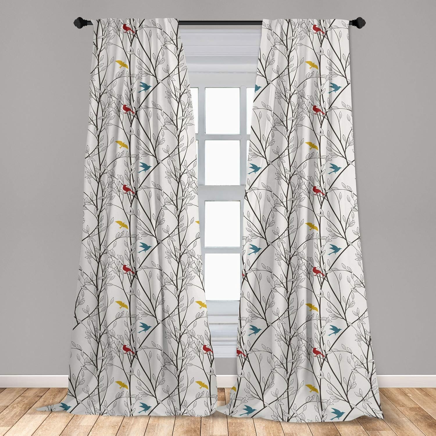 Ambesonne Nature Curtains, Birds Wildlife Cartoon Like Image with Tree Leaf Art Print, Window Treatments 2 Panel Set for Living Room Bedroom Decor, 56" x 95", Mustard Maroon