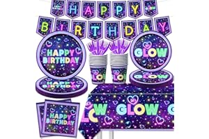 CMUSKO Glow Neon Party Supplies Tableware Set, 142Pcs Let's Glow Birthday Party Decorations Include Neon Plates and Napkins,Cups,Glow Tablecloths for Neon Party Decorations, Serves 20