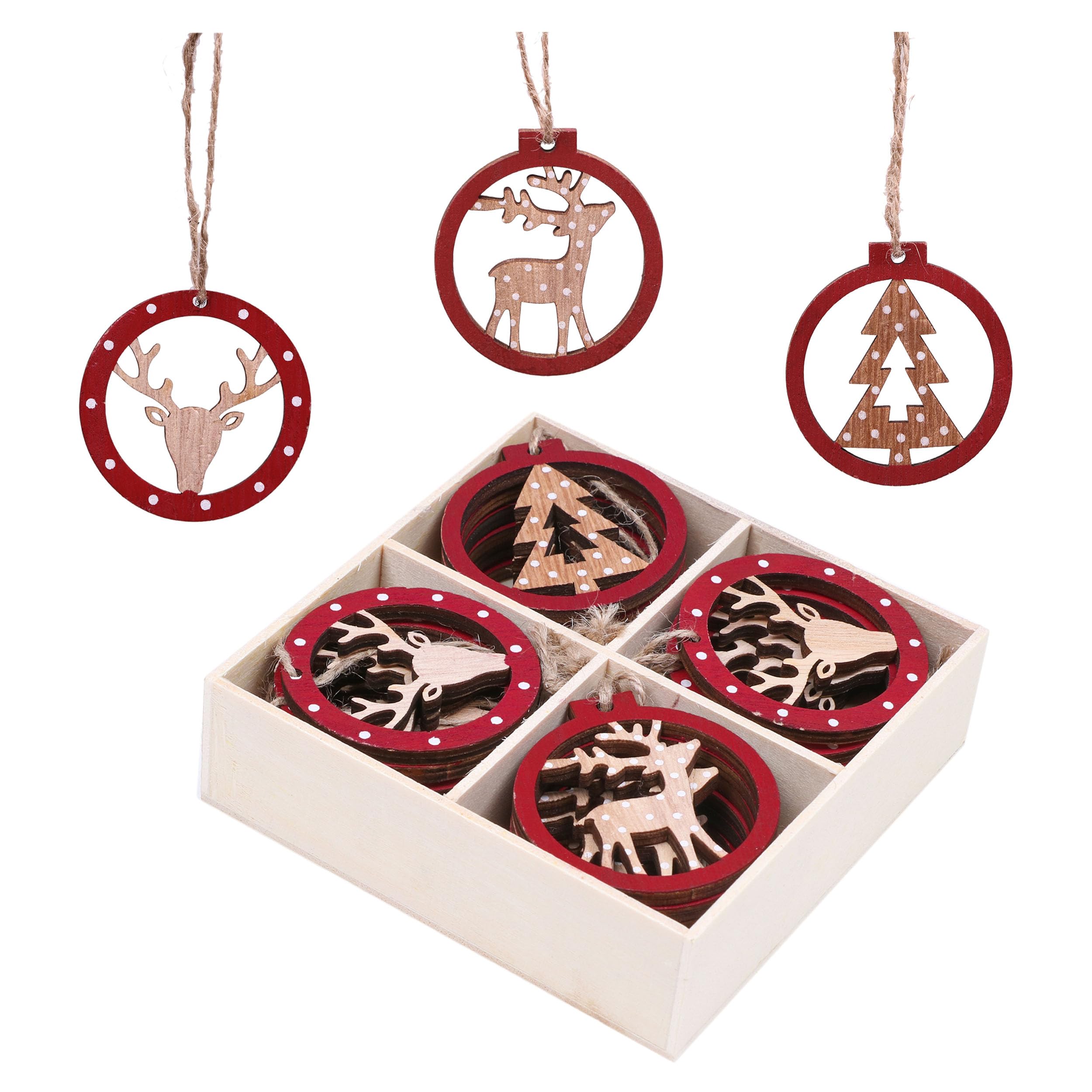 Valery Madelyn 24pcs Traditional Red and White Christmas Tree Decorations, Wooden Christmas Hanging Pendants, Xmas Ornaments with Reindeer, Patterns for Gift Tag, 2.4inch/6cm