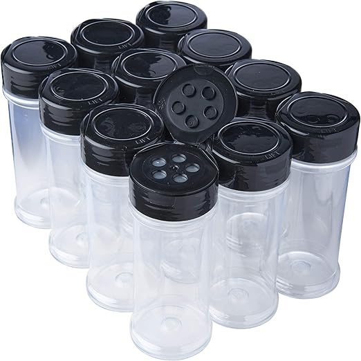 12 Pack of 6 Oz. Empty Clear Plastic Spice Bottles with Black Top Lids