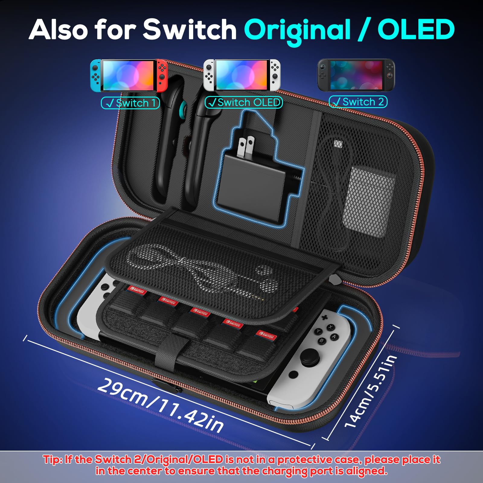 Auarte [Charge inside] Carrying Case for Nintendo Switch 2 2025 / Switch OLED / Switch with Adapter and for Joy Cons Storage, Travel Case for Switch 2 Console with 22 Game Card Storage