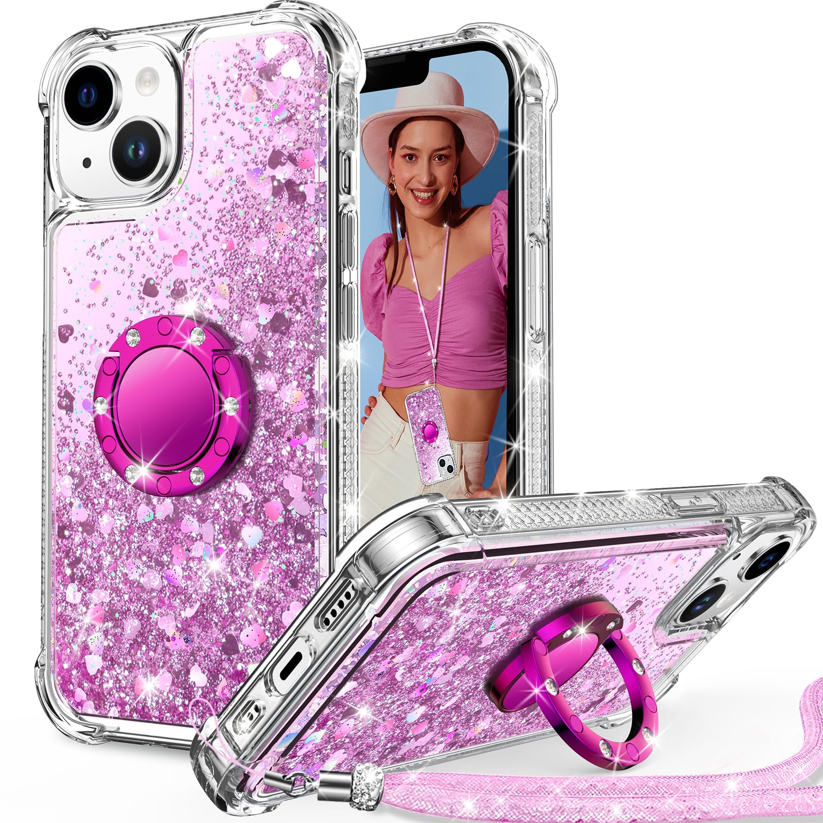 Unlicaku for iPhone 13 Case, with Ring Women Girls Bling Holographic Sparkle Glitter Cute Cover, Diamond Ring Protective Phone Case for iPhone 13, Pink
