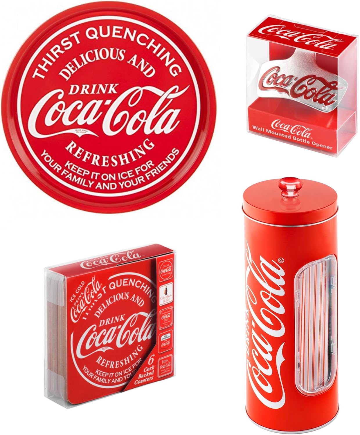 Kitchen & Dining Coke Coca Cola Tin Straw Holder Container w/ 50 Straws