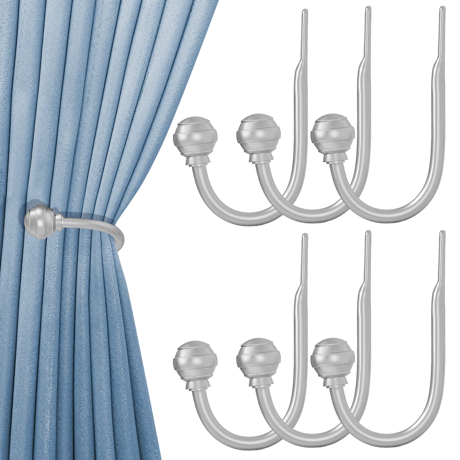 Hion Curtain Holdbacks Silver, 6pcs Wall-Mounted Metal Curtain Tie Backs Curtain Hooks Holders for Hanging Curtains Other Items