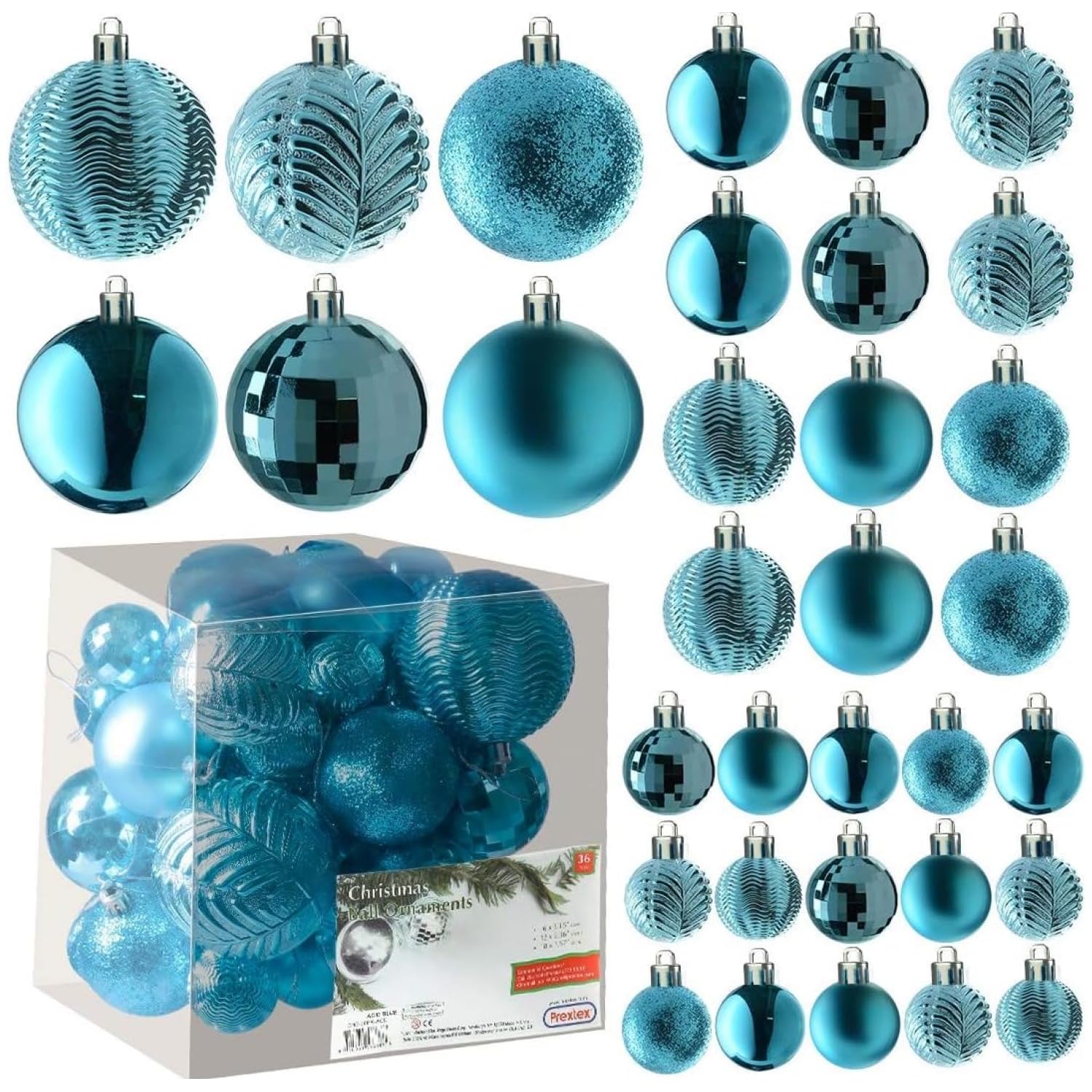 Prextex Acid Blue Christmas Ball Ornaments for Christams Decorations - 36 Pieces Xmas Tree Shatterproof Ornaments with Hanging Loop for Holiday and Party Deocation (Combo of 6 Styles in 3 Sizes)