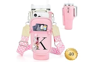 LOKASS Water Bottle Holder with Strap for Stanley Cup 40 oz Tumbler with Handle, Personalized Initial, Water Bottle Carrier Bag with Phone Pocket & Carabiner for Stanley Cup Accessories