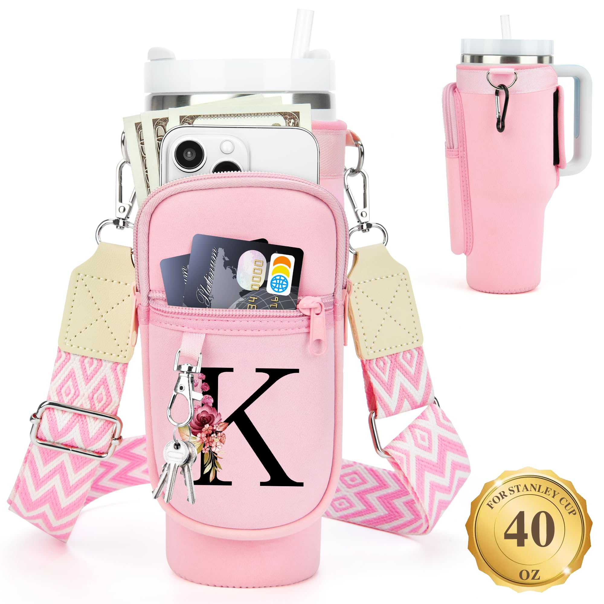 Photo 1 of LOKASS Water Bottle Holder with Strap for Stanley Cup 40 oz Tumbler with Handle, Personalized Initial, Water Bottle Carrier Bag with Phone Pocket for Stanley Cup Accessories Pink K