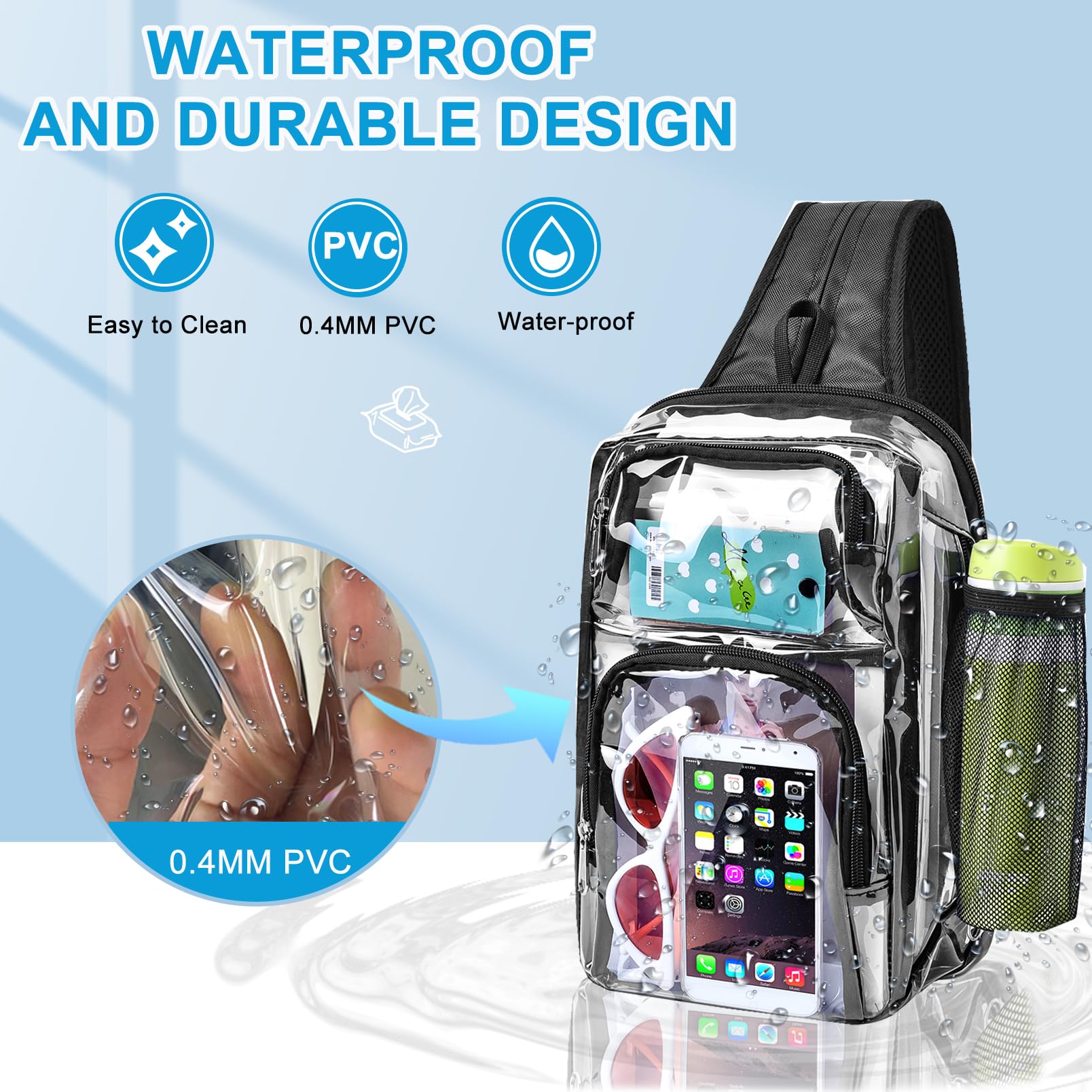 Clear Backpack Stadium Approved with Adjustable Reinforced Straps, 3 in 1 Clear Crossbody Bag for Festivals and Games (Black)