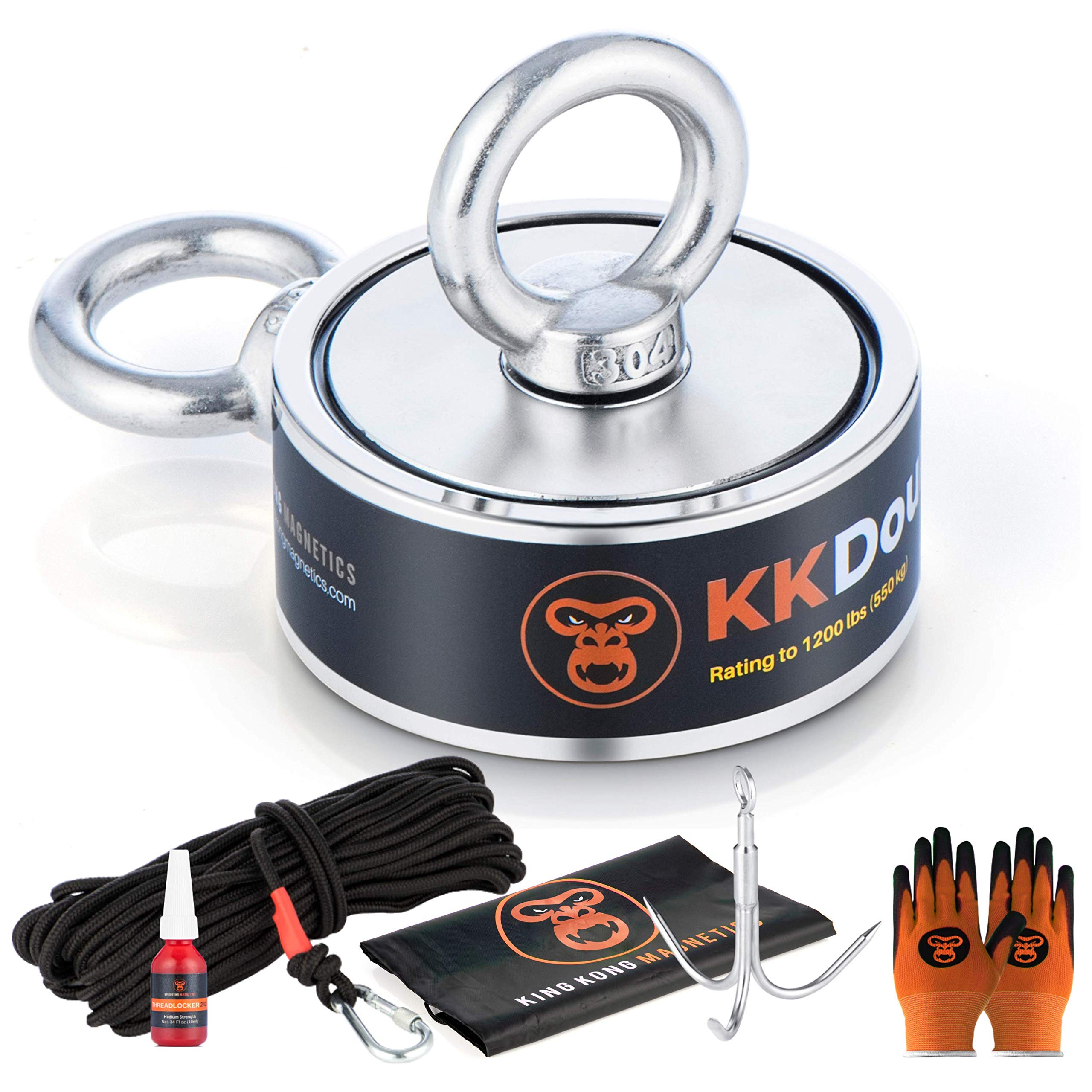 King Kong Magnetics Super Strong 1200 Lb Double Magnet Fishing Kit with Safety Gloves, 8mm Rope, Grappling Hook, Waterproof Bag, Thread Locker, Carabiners - Silver Round Neodymium Magnet