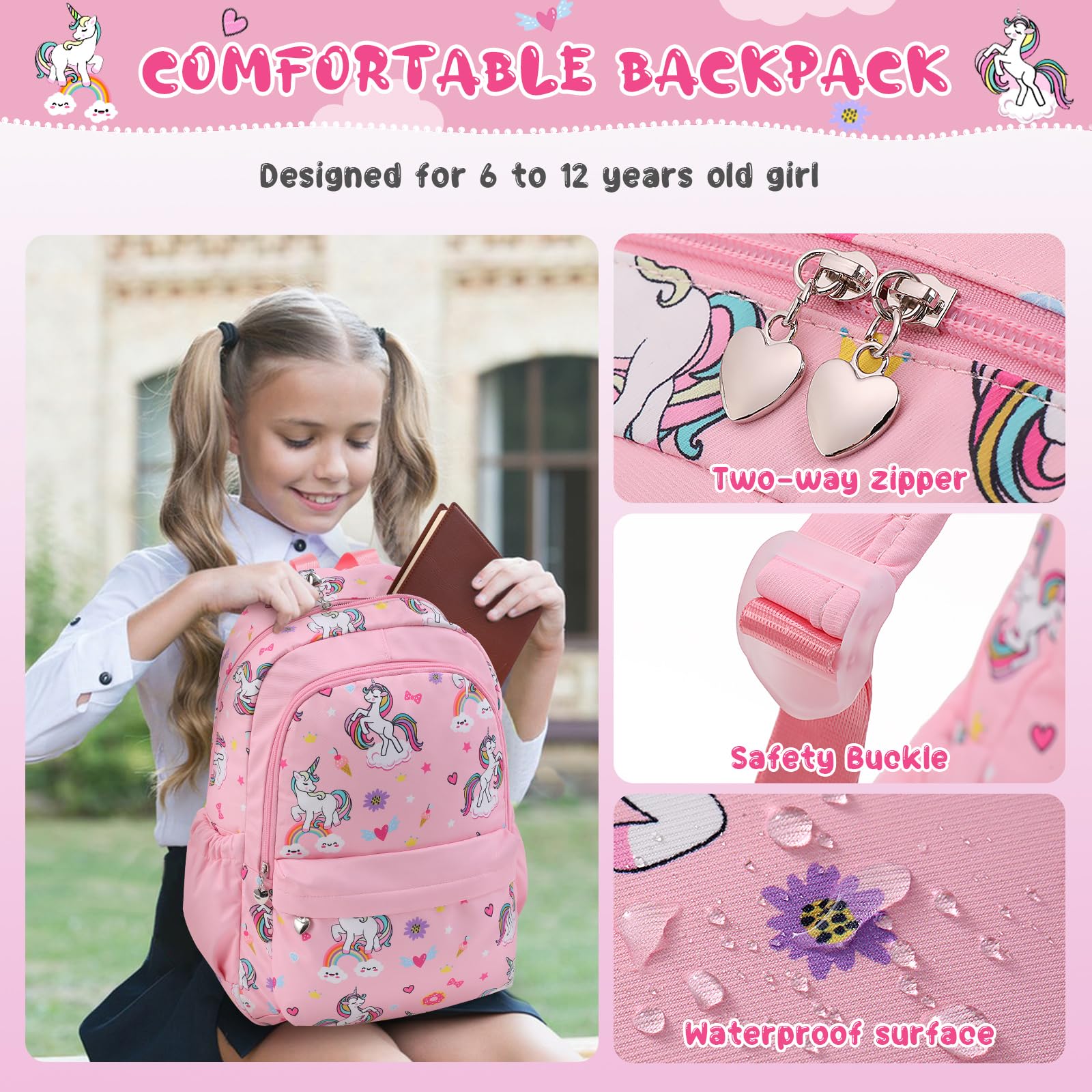 Backpack for Girls, Kids Unicorn Backpack Set, Elementary Primary Middle School Bookbag with Lunch Box and Pencil Case, Pink (Unicorn)