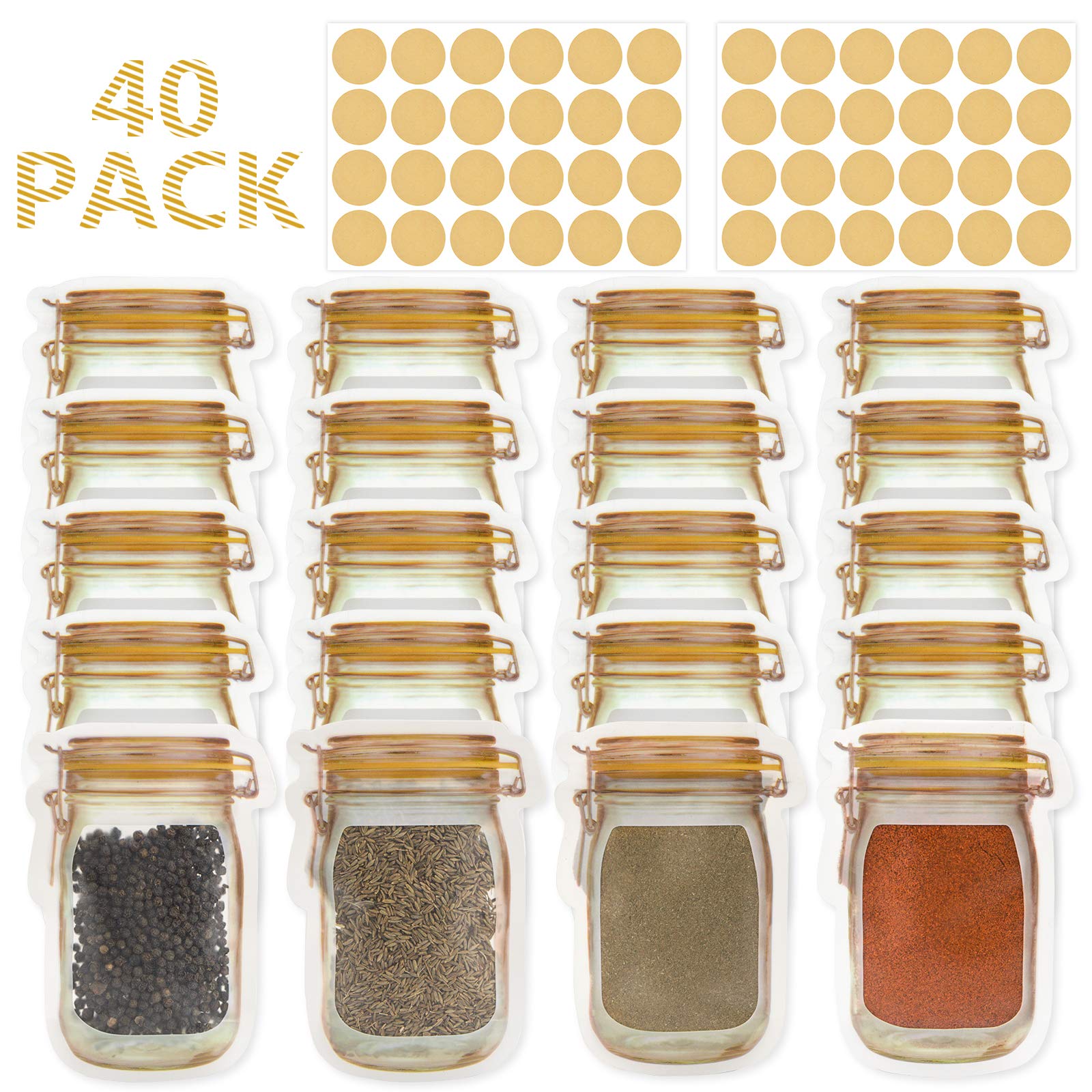 Mlife Storage Bags - 40 PCS Small Mason Jar Bags with 48 PCS Spice Labels, Leak-Proof Zip-Lock Container for Travel, Camping and Picnic