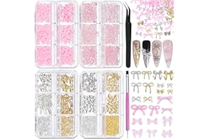 KIKONOKE 4 Boxes 3D Bow Nail Charms, Pink/Silver/Gold Bows Charms Cute Resin Nail Bow Assorted Luxury Metal Bowknots with Pickup Tools for Women Nails Design Crafts DIY