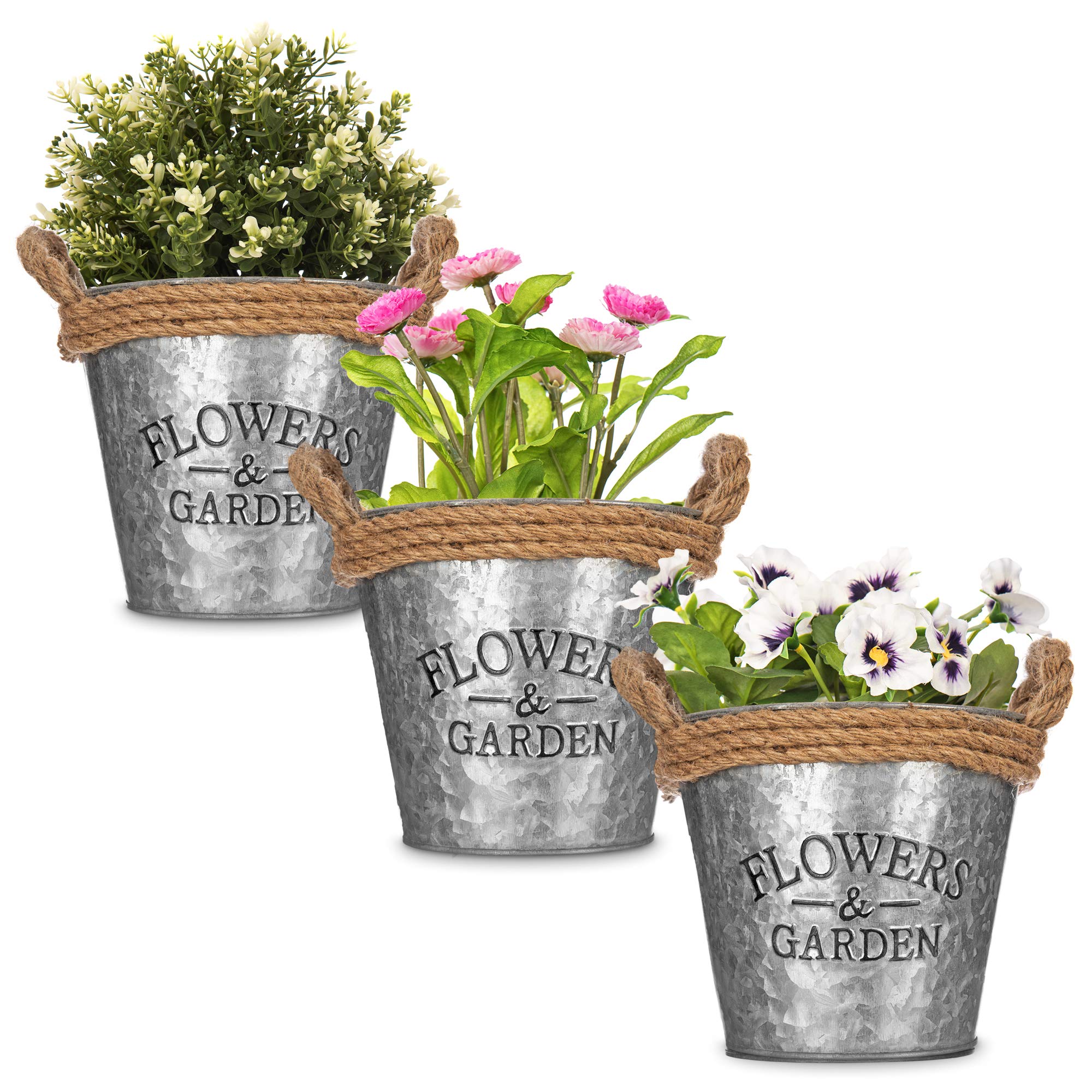 LIVIVO Metal Plant Pots Set of 3 - Round Zinc Metal Flower Pot Planters with Rope Handles and 'Flowers & Garden' Design - Rustic Indoor Outdoor Herb Pots, Decorative Patio Hanging Planters