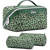BOYATU Travel Makeup Bag for Women: 3 Pcs Set Portable Make up Bags with Handle - Leopard Print Cosmetic Bags with Comparments - Waterproof Vegan Leather Toiletry Bag (09-Green)