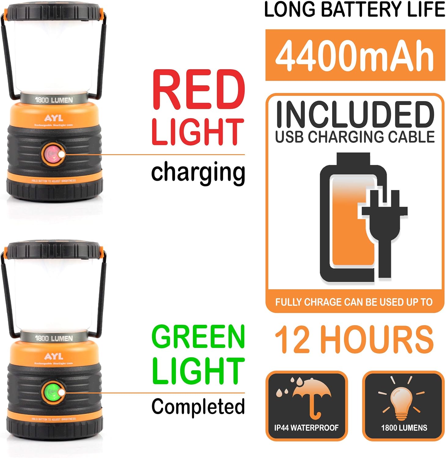 LED Camping Lantern Rechargeable, 1800LM, 4 Light Modes, 4400mAh Power Bank, IP44 Waterproof, Perfect Lantern Flashlight for Hurricane, Emergency, Power Outages, Home and More, USB Cable Included: Home Improvement