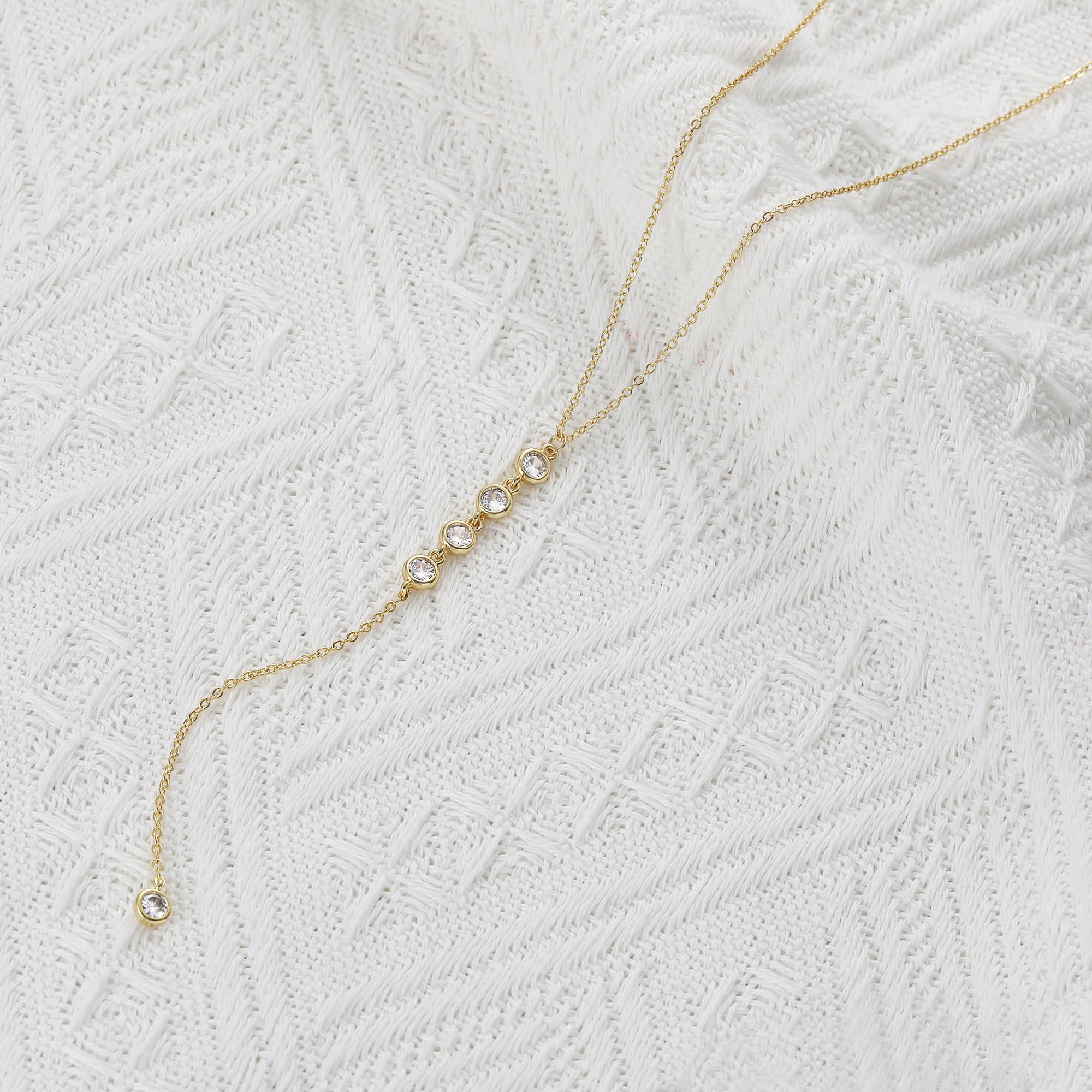 Foxgirl Lariat Gold Necklace for Women, Dainty Long Necklace 14k Gold Plated/Silver Y-Shaped Pendant Necklace Trendy Layered Cz Beaded Chain Drop Necklaces Simple Gold Jewelry For Women Gift