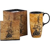 Coffee Ceramic Mug Porcelain Latte Tea Cup With Lid 17oz, Novelty Coffee Mugs for Men Women Office & Home Sailboat
