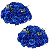 NUPTIO Artificial Flower Centrepieces for Tables - 2 Pcs Large Fake Flowers Roses Balls 15.7 inch Diam - Royal Blue Silk Faux Rose Arrangement Bouquet for Wedding Party Centerpiece Table Decorations