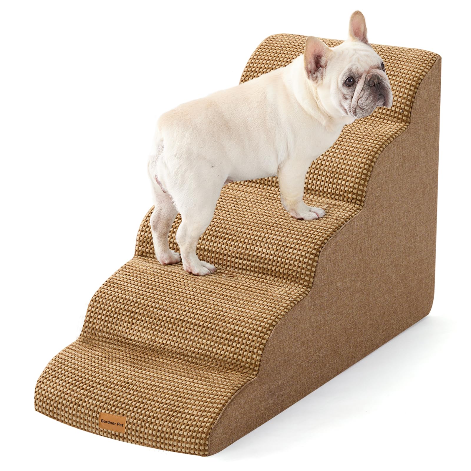Photo 1 of Gardner Pet Dog Stairs for Small Dogs 22.8" H, 5-Step Brown Curved Pet Stairs, Dog Steps for High Bed, Couch (24-30 in) with Durable Non-Slip Waterproof Fabric Cover and CertiPUR-US Certified Foam