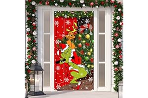 FARMNALL Grinch Christmas Decorations Grinch Door Cover Merry Grinchmas Door Cover 6 X 3ft Black Buffalo Grid Flag Photography Banner Christmas Xmas Winter Holiday Home Kitchen