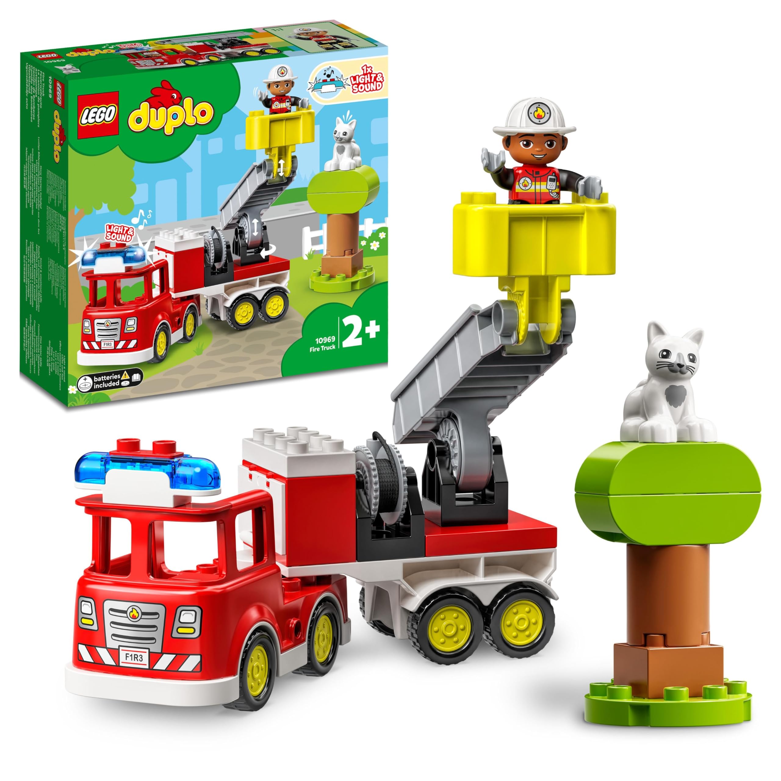 LEGO DUPLO Fire Engine Toy for 2+ Year Old Boys & Girls - Educational Toys for Toddlers incl. a Truck, Firefighter Figure, Cat & a Tree - Gift Idea - 10969