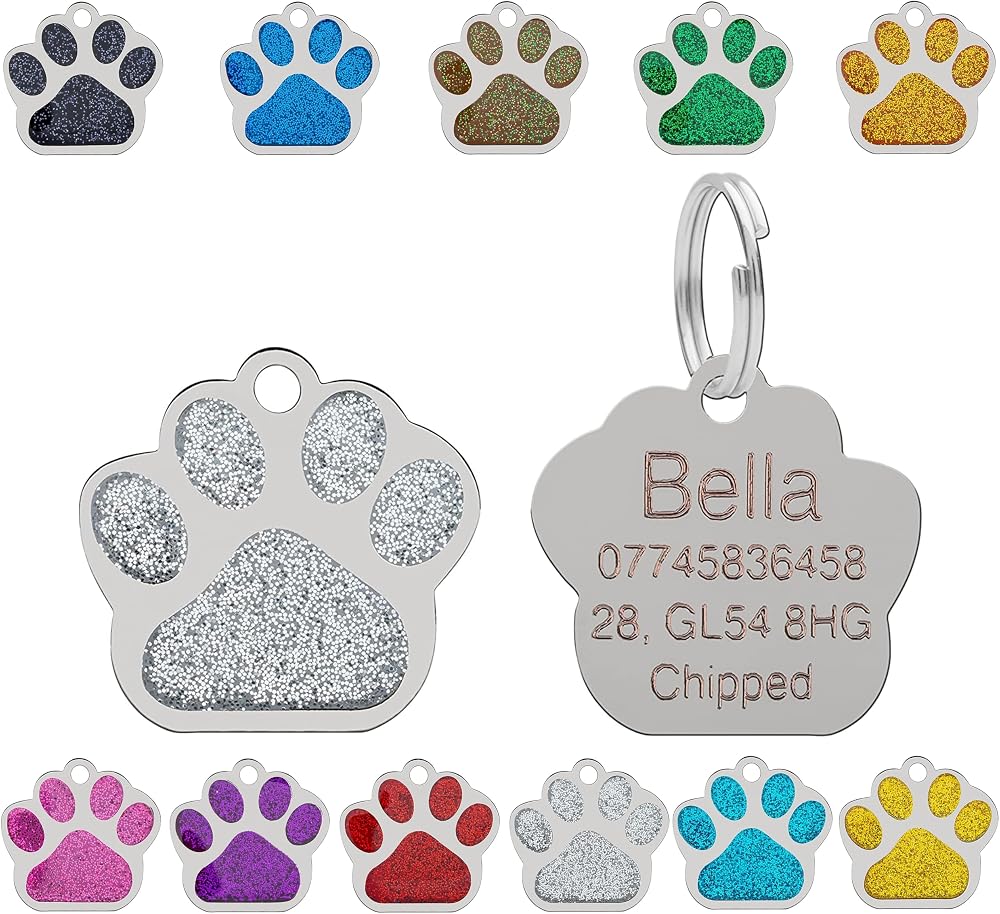 LARRYROO Personalised Engraved Paw Pet Tag 27mm Glitter Stainless Steel