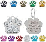 LARRYROO Personalised Engraved Paw Pet Tag 27mm Glitter Stainless Steel