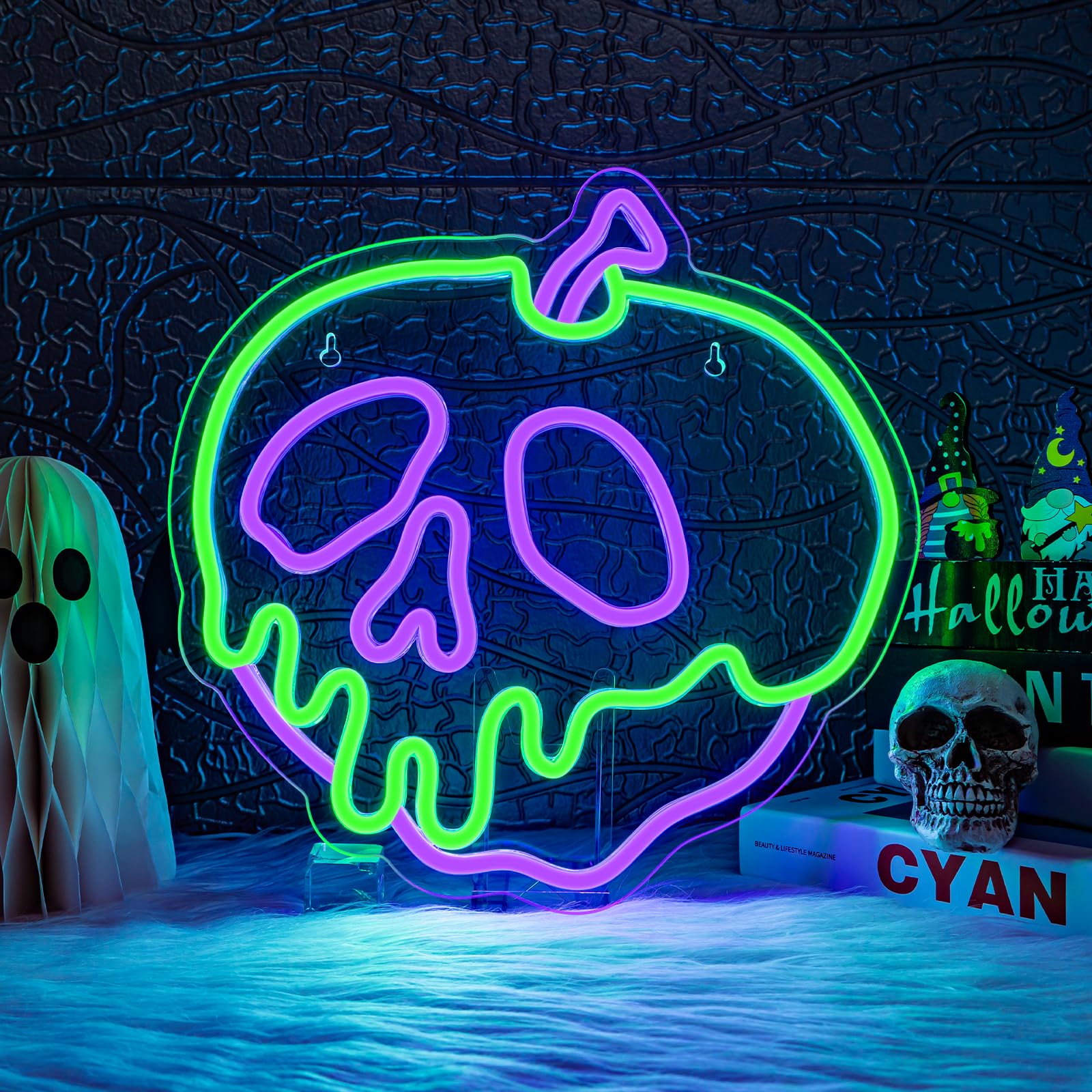 Photo 1 of WLHOPE Halloween Neon Sign Dimmable Skull Apple Neon Signs for Wall Decor Halloween Led Lights Decor USB Connectivity Apple Led Lights Light Up Signs for Bedroom Bar Man Cave Club Pub Shops Halloween Party Decoration 12.6x12.6in