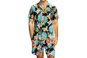 JOGAL Men's Flower Casual Button Down Short Sleeve Hawaiian Shirt Suits