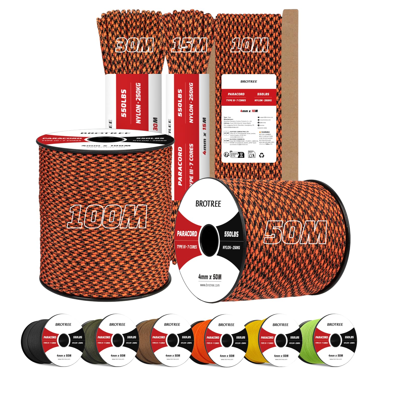 Brotree 4mm Paracord 550 15M 100% Nylon Rope 7 Strands Type III Parachute Cord for Outdoor and DIY - 250kg Breaking Load (Black Widow)