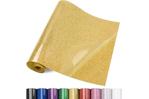 Lzerking Heat Transfer Vinyl - 12in x 8ft Gold Glitter Iron on Vinyl Rolls, Easy to Cut & Weed Htv Vinyl for T-shirt, Bags, Hats, Gift Intended for Silhouette Cameo, Cricut Cutting Machines