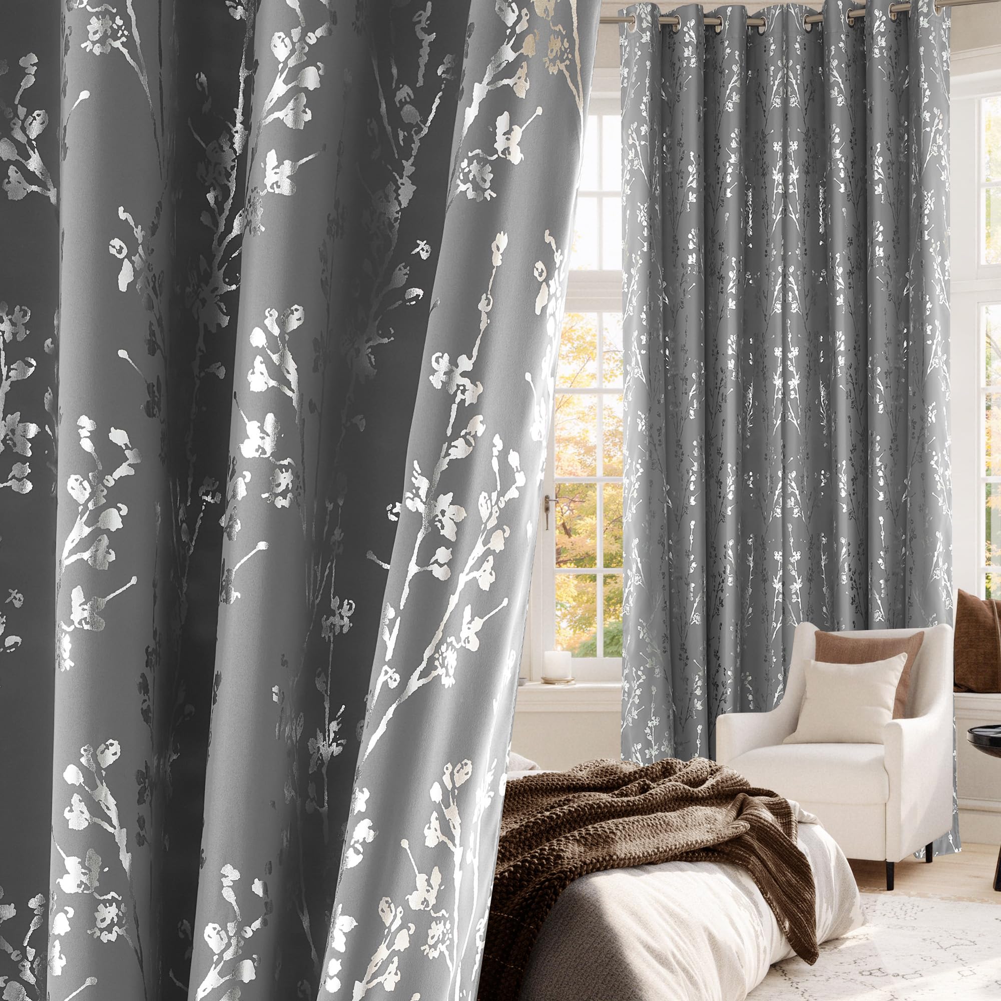 NICETOWN 100% Blackout Curtains 84 inches Long, Grommet Floral Branch Curtains Foil Printed Window Treatments Thermal Curtains for Bedroom/Living Room, Grey, W52 x L84, 2 Panels Image