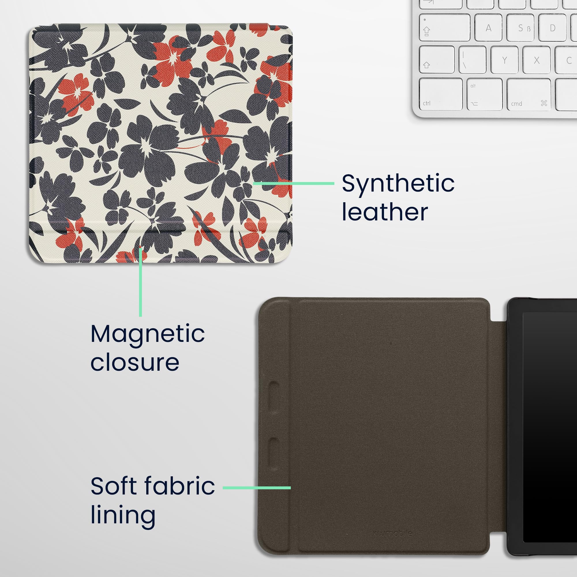 kwmobile Case Compatible with Kobo Libra 2 Case - eReader Cover - Flower Illustrations Blue/Red/White