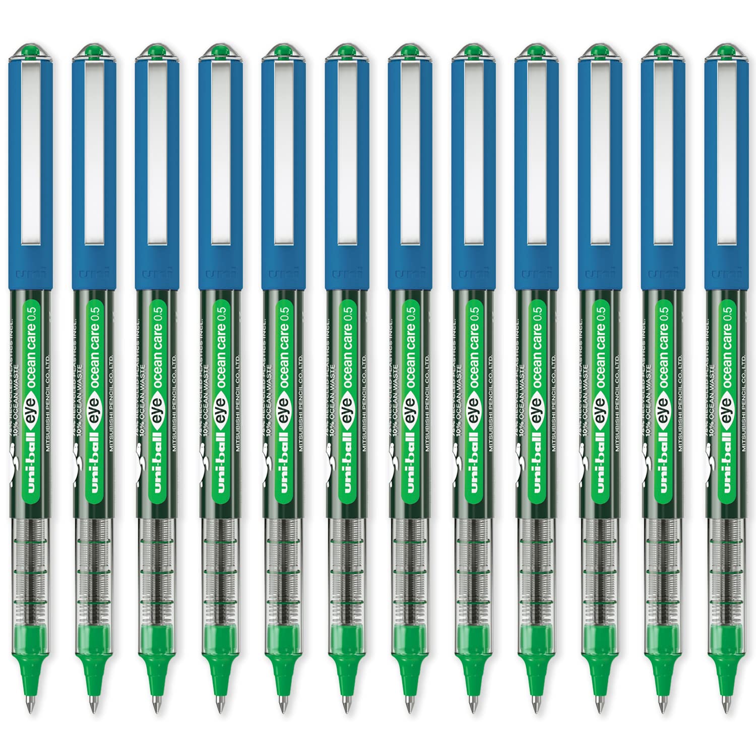 uni-ball Eye Ocean Care UB-150ROP Rollerball Pens - Micro 0.5mm Ballpoint Tip for Super Smooth Writing, Drawing, Art, Crafts and Colouring - Fade and Water Resistant - Pack of 12 Green Ink