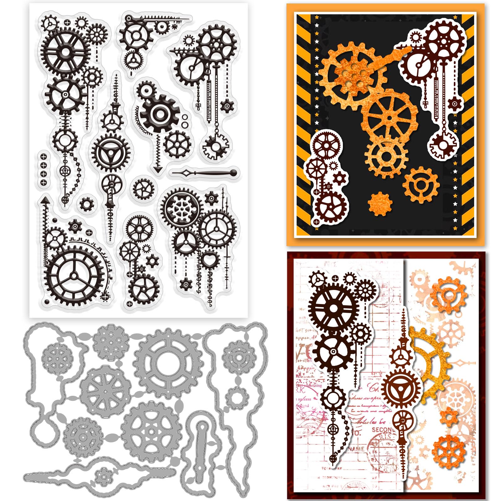 GLOBLELAND 2Pcs Gear Clear Stamps and Cutting Dies Silicone Clear Stamps Cards and Metal Die Cuts for Card Making and DIY Embossing Scrapbooking