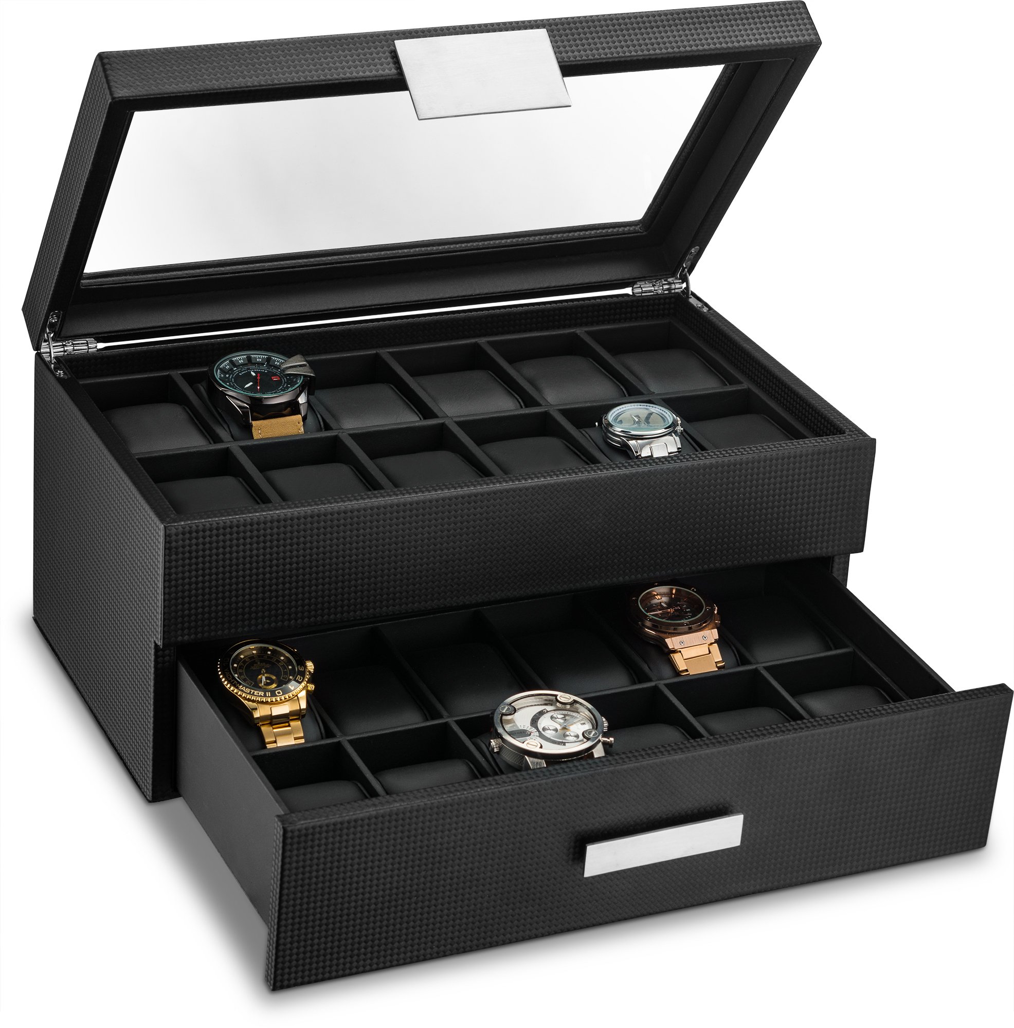 Glenor Co Watch Box for Men - 24 Slot Luxury Display Case Organizer, Carbon Fiber Design -Metal Buckle for Mens Jewelry Watches, Men's Storage Holder w Large Glass Top, Drawer & Leather Pillows- Black