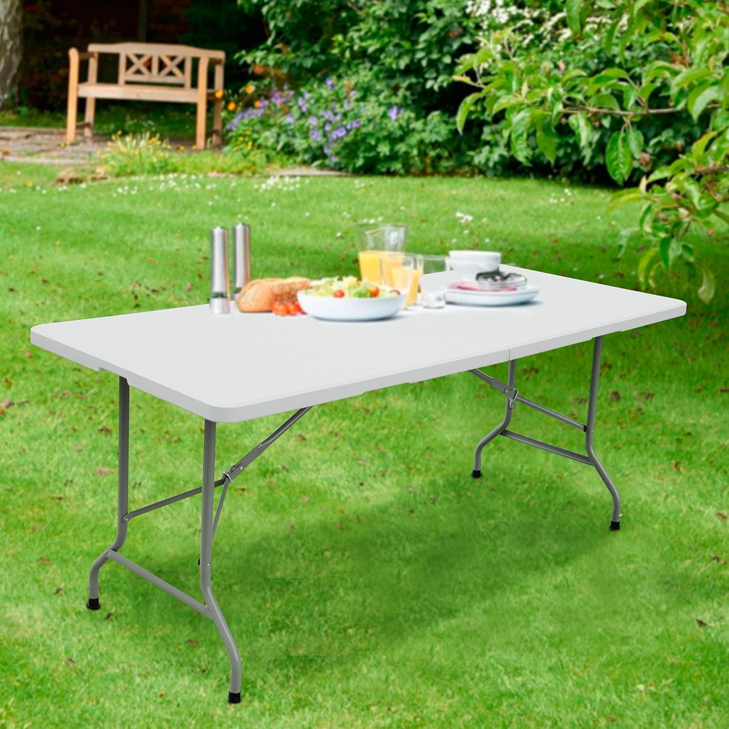 FORUP 6ft Table, Folding Utility Table, Fold-in-Half Portable Plastic Picnic Party Dining Camp Table (White): Kitchen & Dining