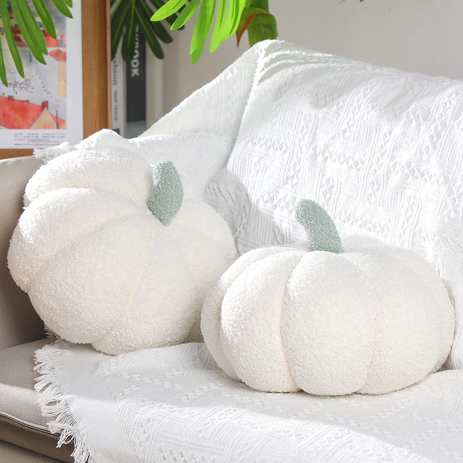 Queekay 2 Pcs Pumpkin Pillow Plush 11 x 9.5 Inch Thanksgiving Stuffed Pumpkin Decor for Fall Home Bedroom Throw Pillow Cushion Gifts for Holiday Operation Christmas Halloween Car Sofa(White)