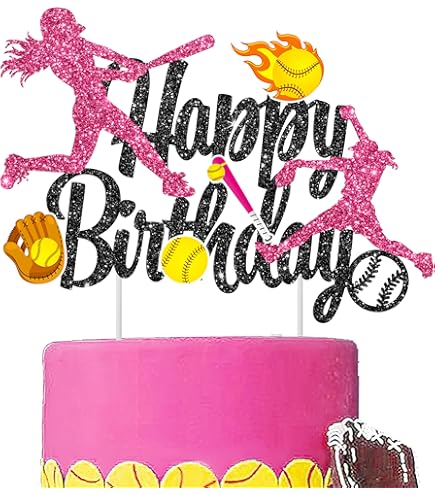 Baseball Cake Topper Happy Birthday Sign Baseball Softball Player Cake Decorations For Sport Theme Man Boy Girl Birthday Party Supplies Double Sided Black Sparkle Decor