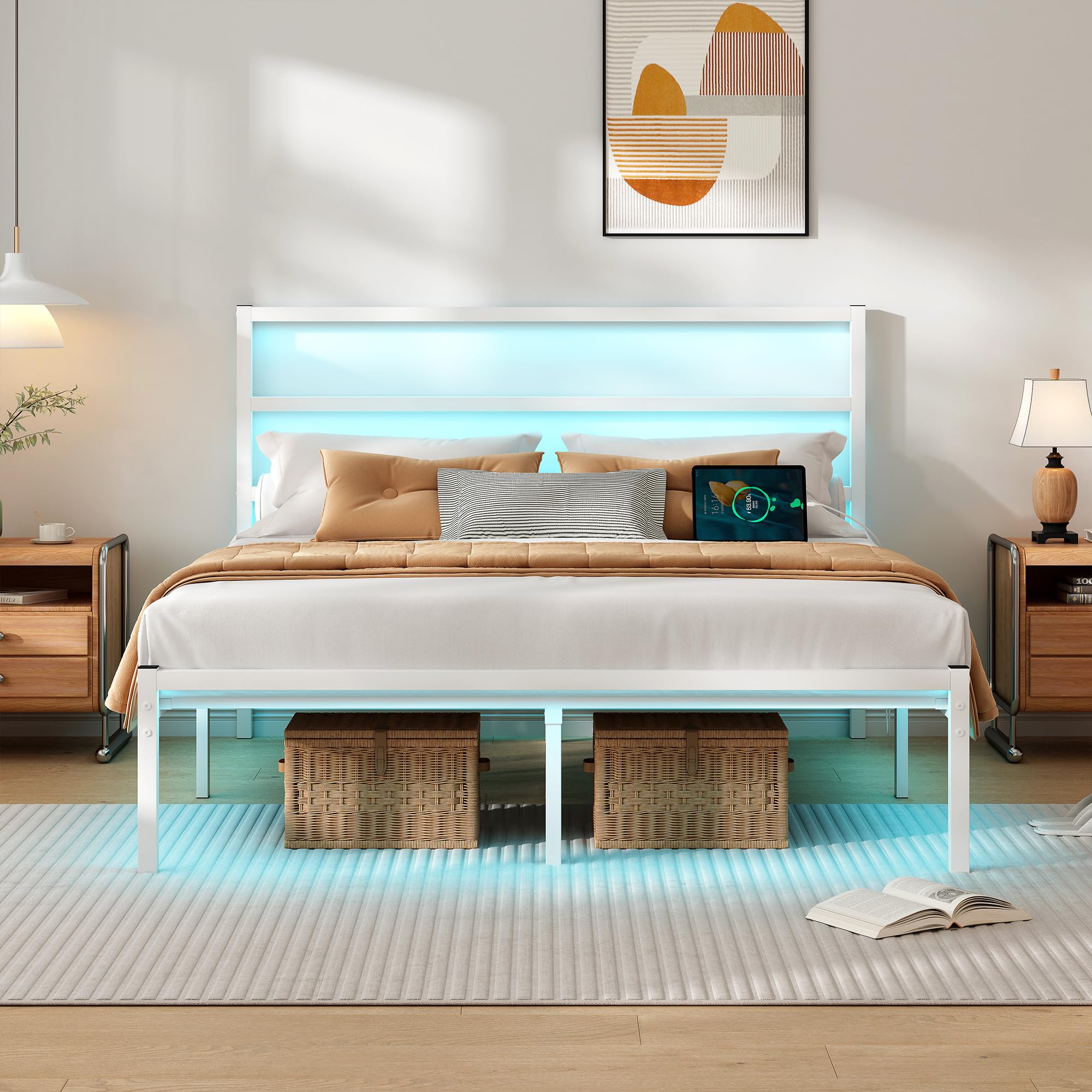 Photo 1 of ***DAMAGED - SEE NOTES/PICTURES******MISSING PARTS***CLIBFENG Full Size Bed Frame with Headboard,Heavy Duty Steel Slats Support-LED Bed Frame with USB Charging Station,Mattress Foundation-Under Bed Storage,No Box Spring Needed,Noise Free,White