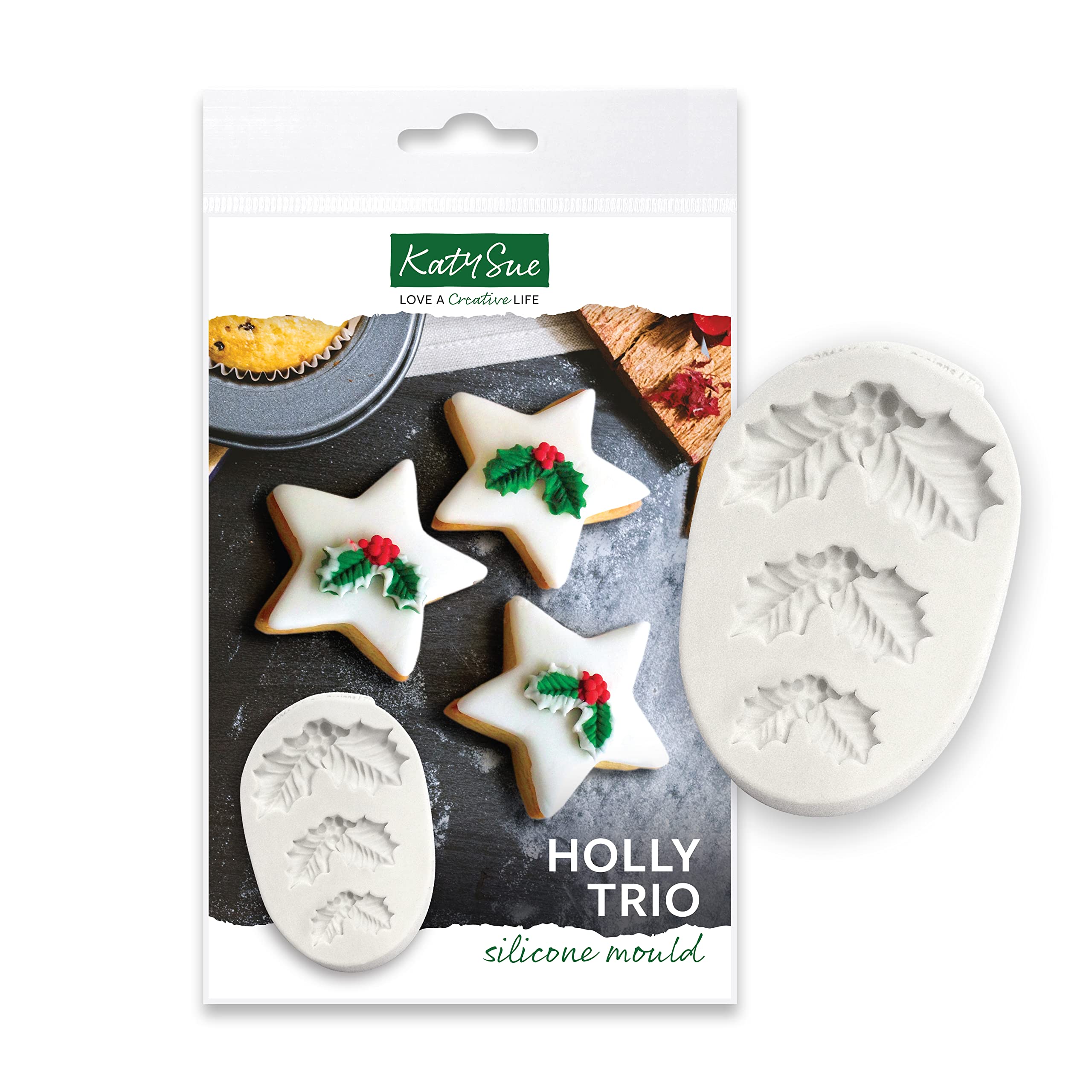 Katy Sue Holly Trio Silicone Mould for Christmas Cookie, Cake Decorating & Craft. Makes 3 Sizes of Holly & Berries - 30 x 54 x 6, 22 x 38 x 6 & 18 x 26 x 3 Millimetres. For Fondant, Sugar Paste & Clay