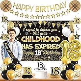 Roetyce 18th Birthday Decorations Boys Girls, Black Gold Happy 18th Birthday Banner Sash Balloons Centerpieces Cake Topper, Childhood Has Expired 18 Years Old Party Supplies Photo Backdrop Background