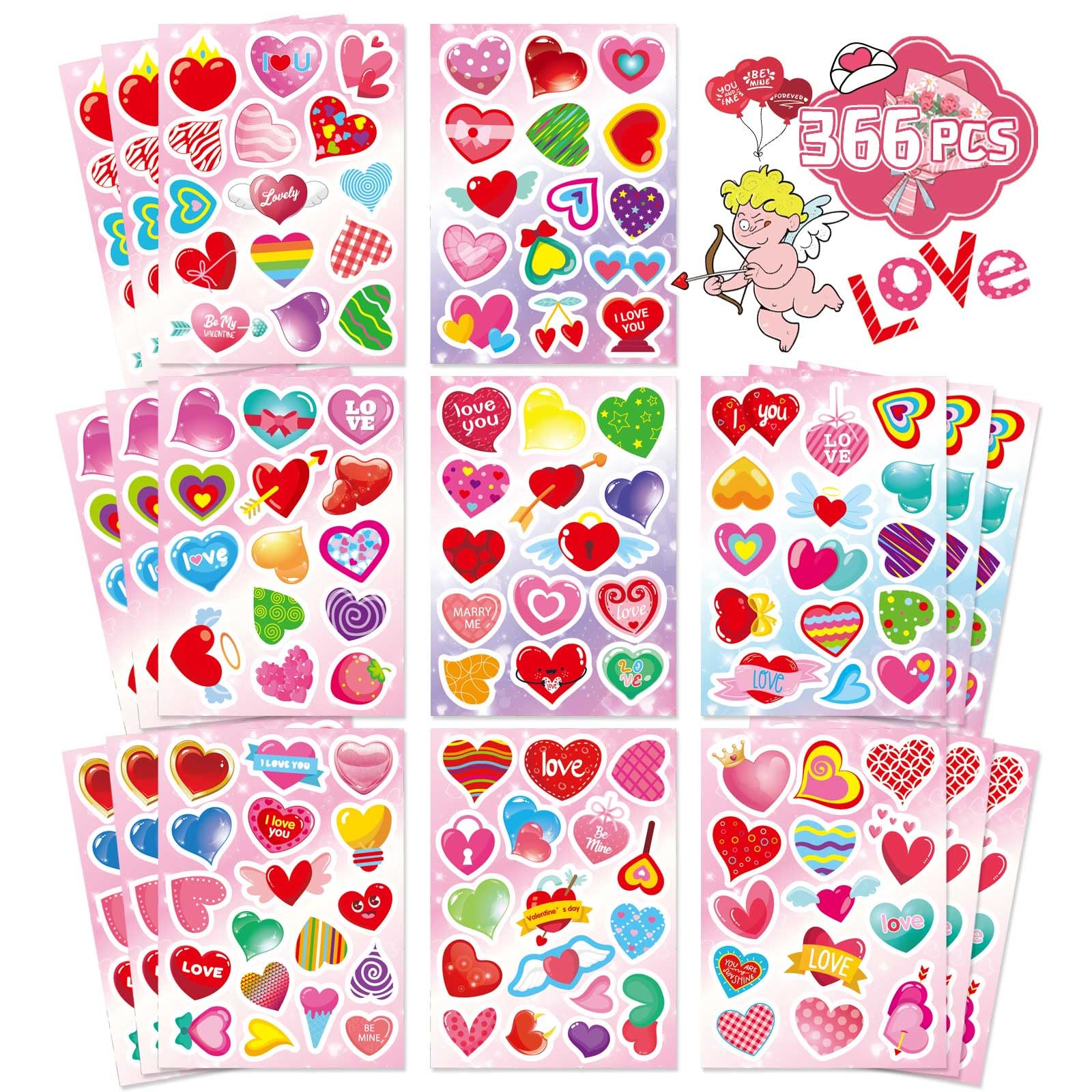 366 Pcs Valentine Stickers for Kids,Colorful Heart Stickers Valentine's Day Love Decorative Stickers for Gift Box Envelope Wedding Stick Sticker Party Favors Supplies