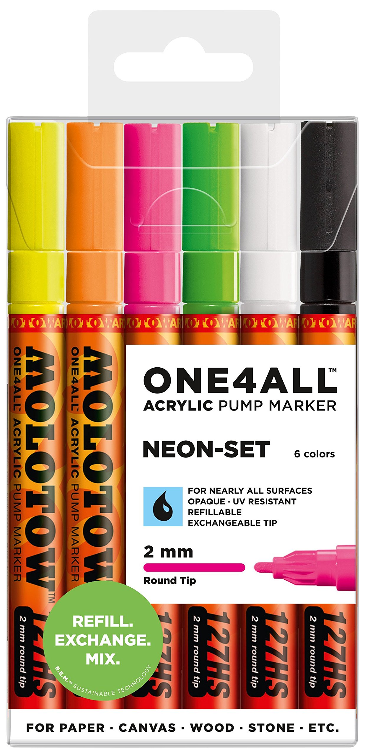 Molotow ONE4ALL Acrylic Paint Marker Set, 6 Neon Colors, 2mm (200.173