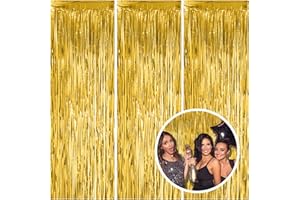 AMONE 3 Pack Gold Fringe Backdrop Curtain Tinsel Party Streamers Birthday Party Decorations New Year Photo Booth Backdrop Halloween Christmas Graduation Bachelorette Theme Party Decorations